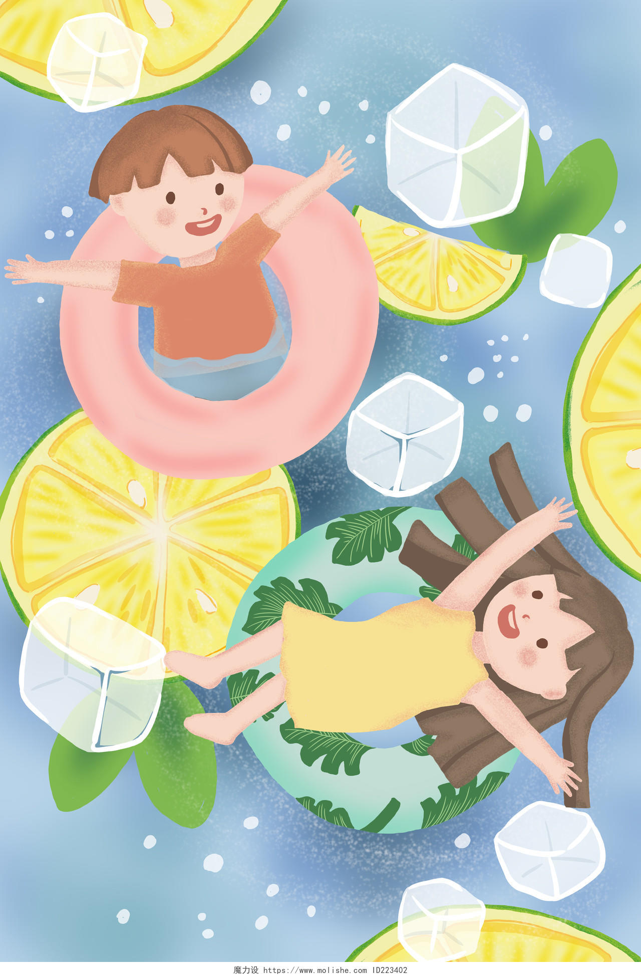 卡通手绘夏天儿童游泳插画海报